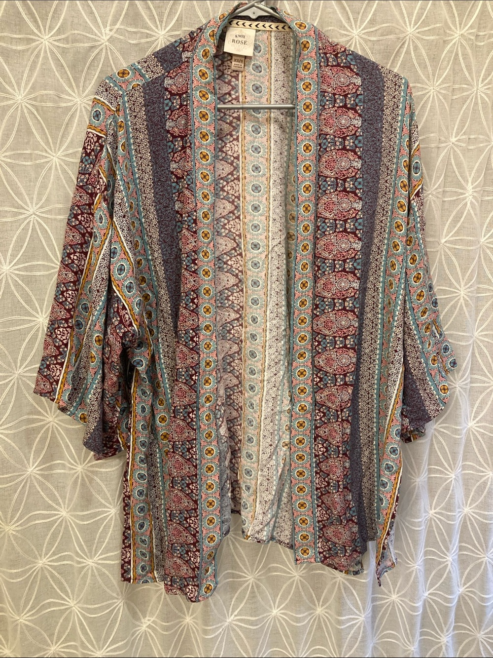 Knox Rose Multi-Color Printed Open Front Kimono - Teal, Burgundy, Mustard